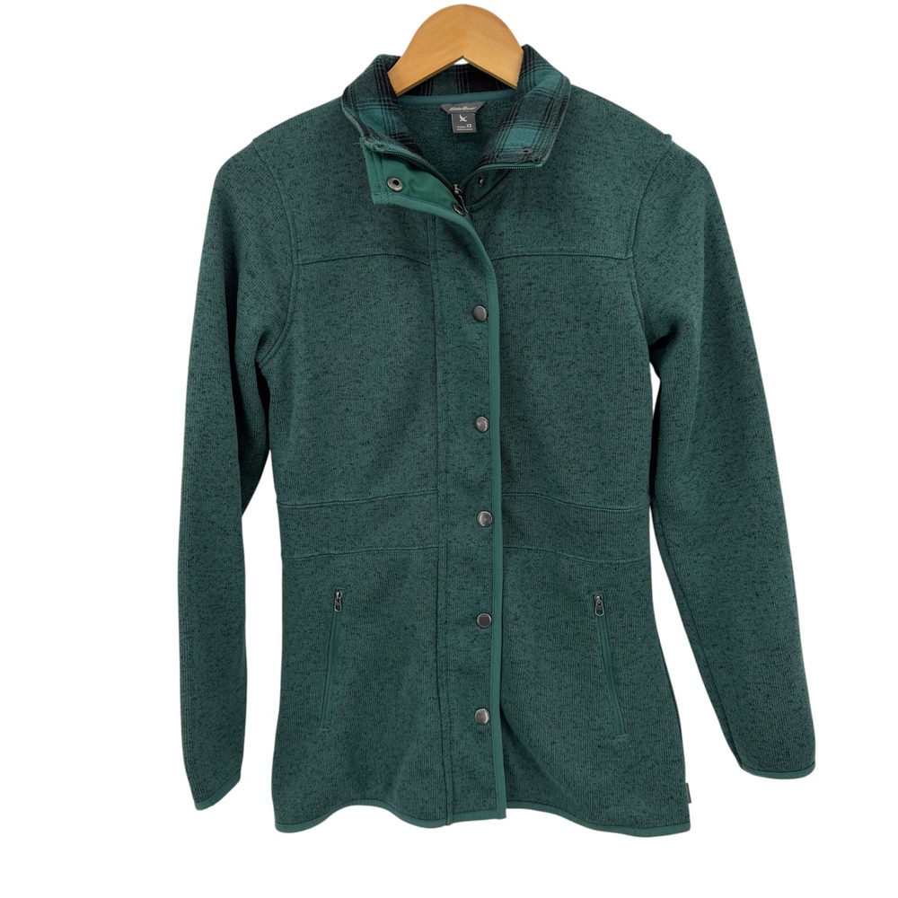 Eddie Bauer Fleece Jacket Women XS Green Plaid Trim Zip Snap Gorpcore Cabin Fall